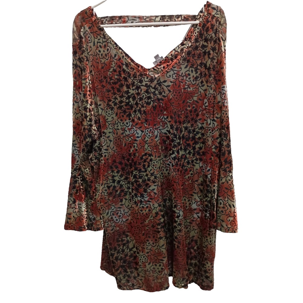 Avenue Womens BOHO Whimsygoth Top 18/20 Red Floral Velvet Burnout Bell Sleeve